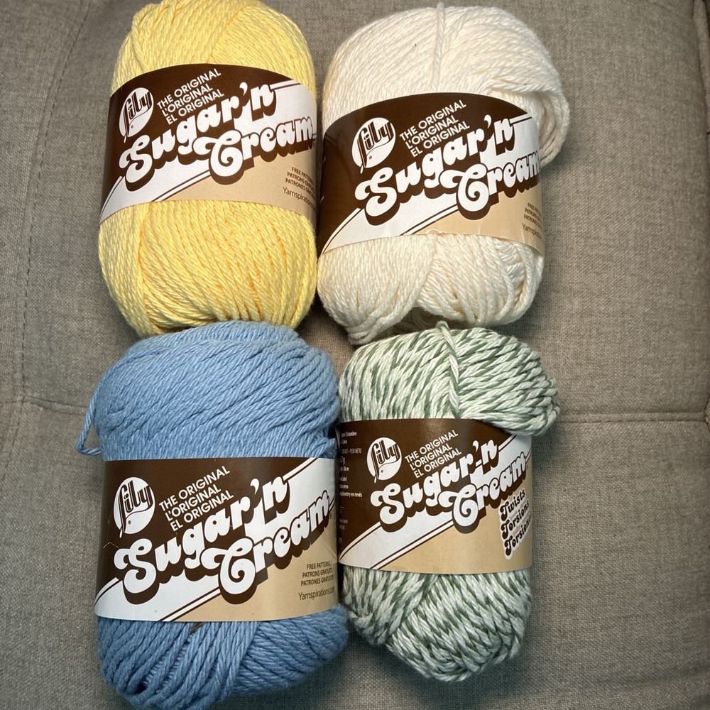 Sugar N' Cream Yarn Lot Of 4 Yellow, Soft Ecru, Lt Blue, Skeins Knitting Crochet